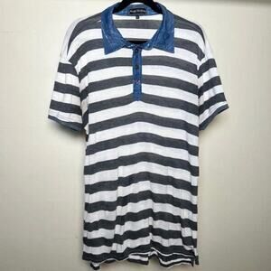 Foreign Exchange Mens Navy Blue and White Striped Extra Long Polo Shirt Size XL